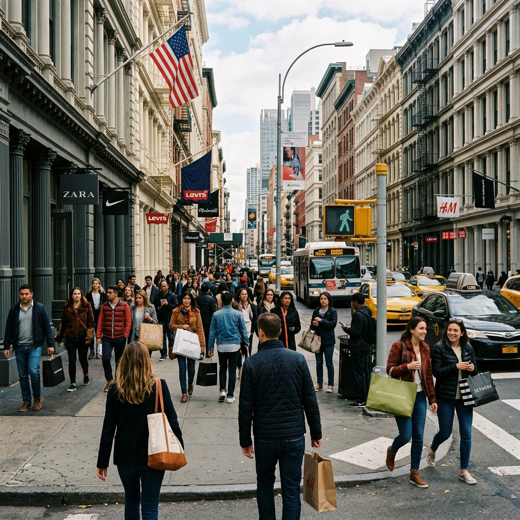 Crowded city sidewalk with people carrying shopping bags near retail stores and yellow taxis on the street