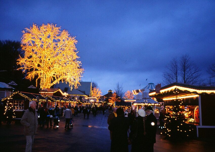 Besökare bland julbodar och upplysta träd på Liseberg i skymningen.