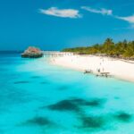 Vit sandstrand med palmer, små båtar och en brygga över turkost vatten på Zanzibar.