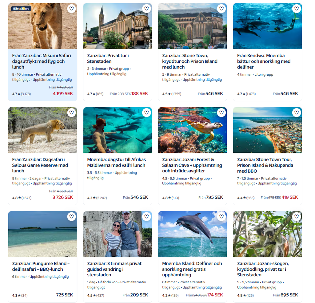 Exempel på utflykter och aktiviteter på Zanzibar.